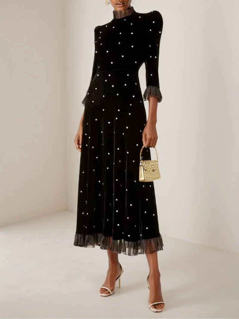 Black Beaded Ruffled Mock Neck Three Quarter Sleeve A-Line Maxi Velvet Dress