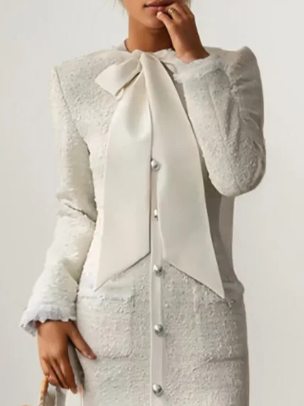 White Bow Long Sleeve Sheath Midi Tweed Blazer Dress