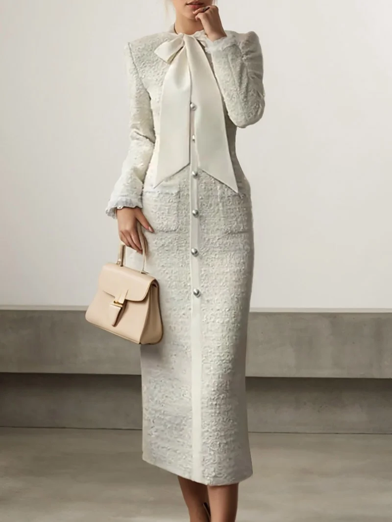 White Bow Long Sleeve Sheath Midi Tweed Blazer Dress