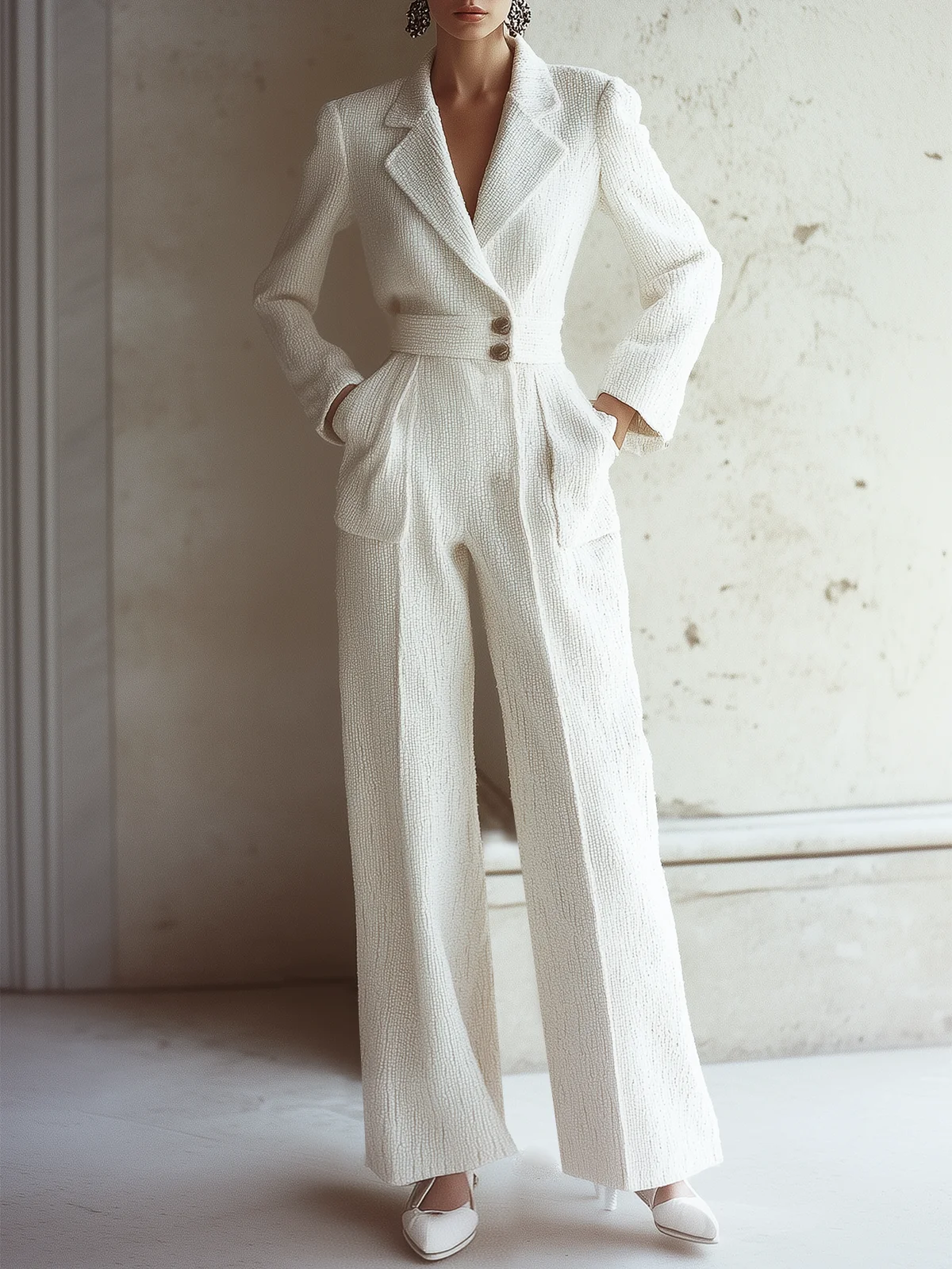 White Tweed Buckle Pocket Stitching Lapel Collar Wide-Leg Jumpsuit