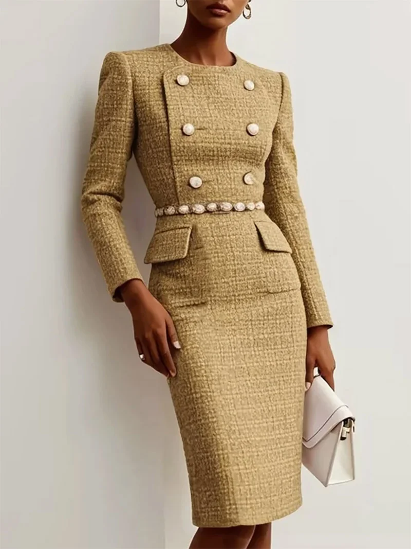 Khaki Buckle Crew Neck Long Sleeve Sheath Midi Tweed Blazer Dress