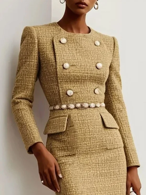 Khaki Buckle Crew Neck Long Sleeve Sheath Midi Tweed Blazer Dress