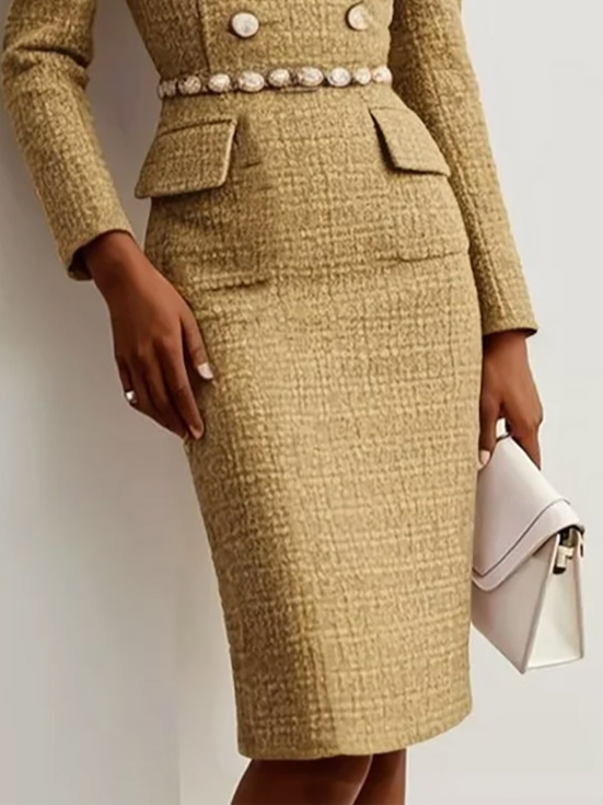 Khaki Buckle Crew Neck Long Sleeve Sheath Midi Tweed Blazer Dress