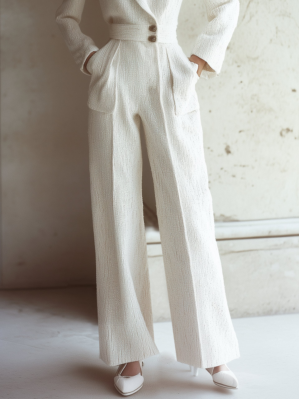 White Tweed Buckle Pocket Stitching Lapel Collar Wide-Leg Jumpsuit