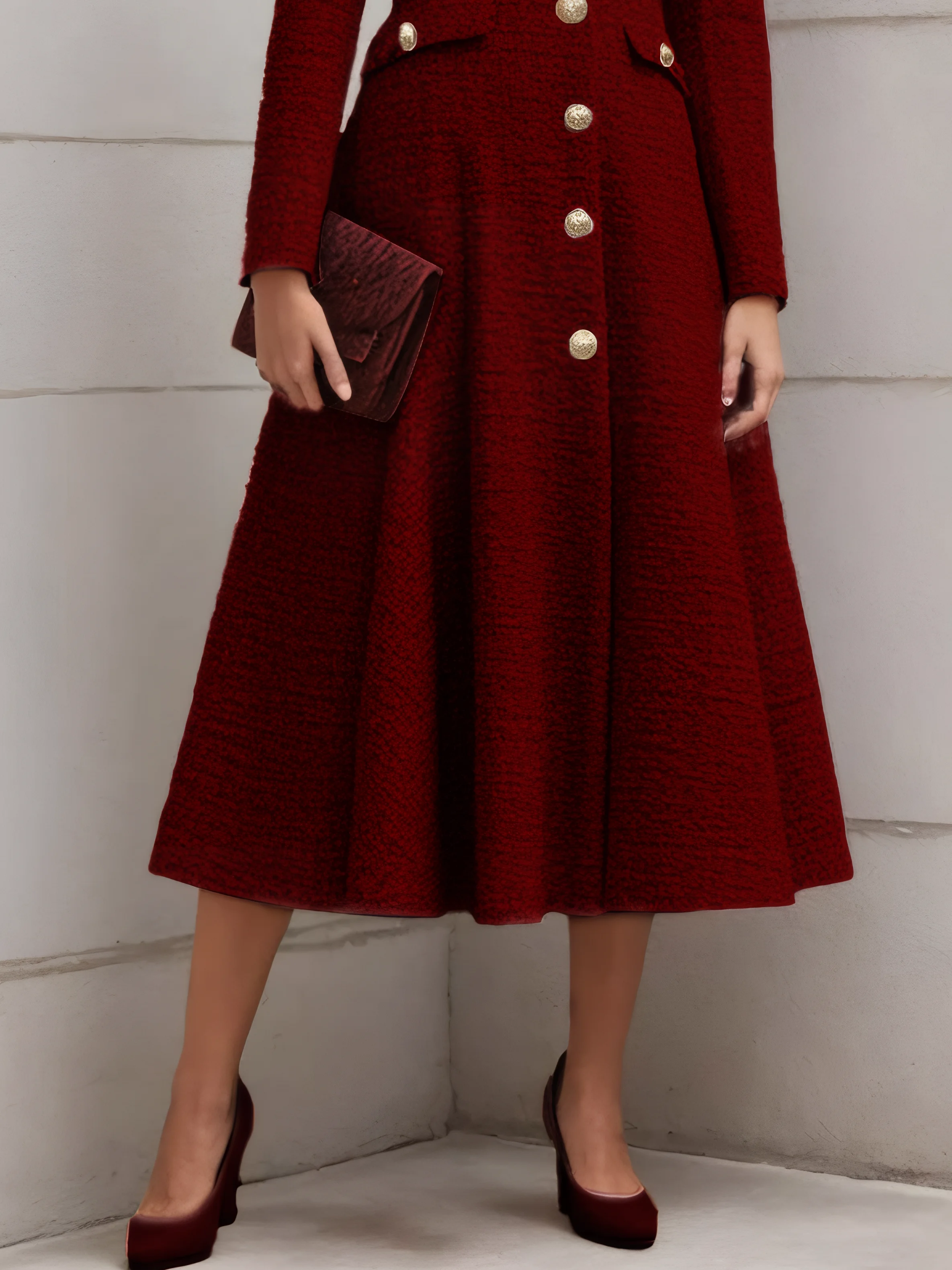 Burgundy Buckle Tweed Pointed Collar Long Sleeve A-Line Midi Dress