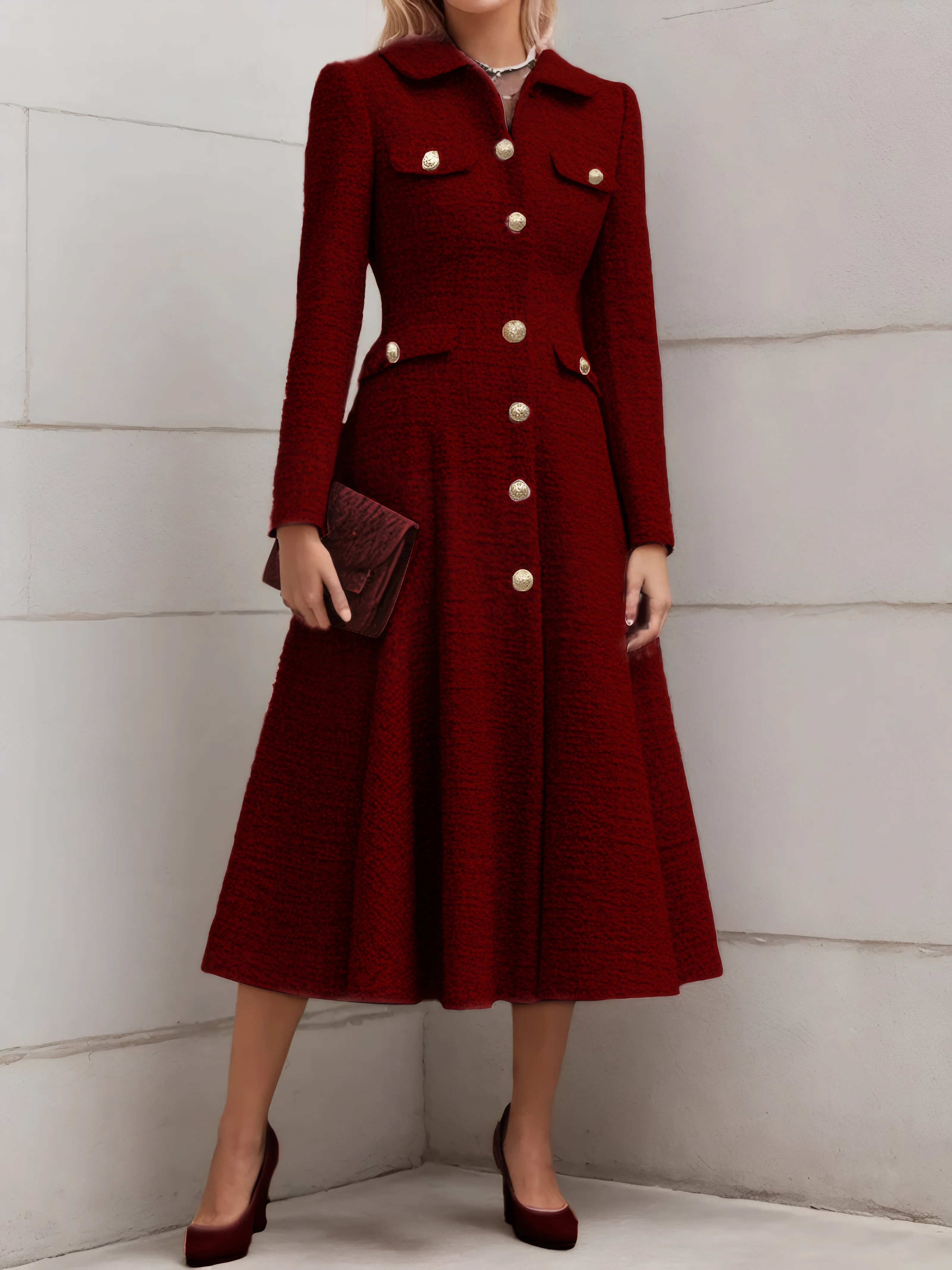 Burgundy Buckle Tweed Pointed Collar Long Sleeve A-Line Midi Dress
