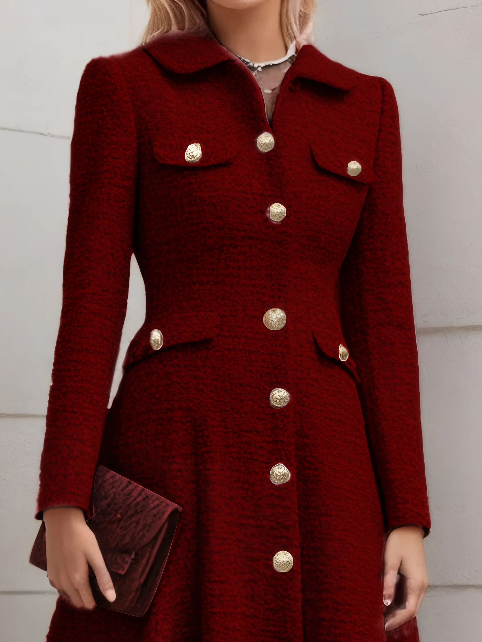 Burgundy Buckle Tweed Pointed Collar Long Sleeve A-Line Midi Dress