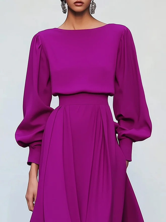 Pink Asymmetric Boat Neck Long Balloon Sleeve A-Line Midi Dress