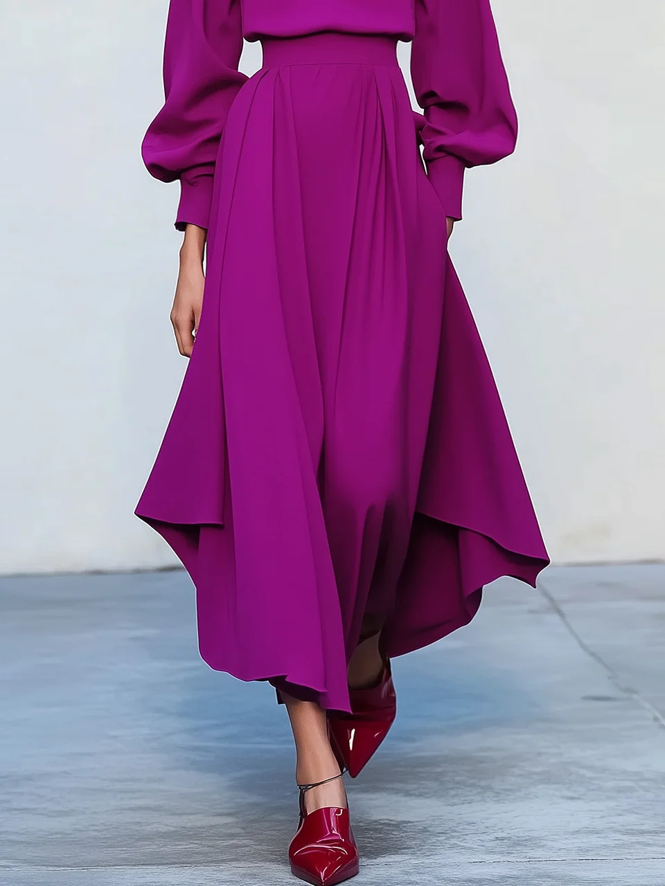 Pink Asymmetric Boat Neck Long Balloon Sleeve A-Line Midi Dress