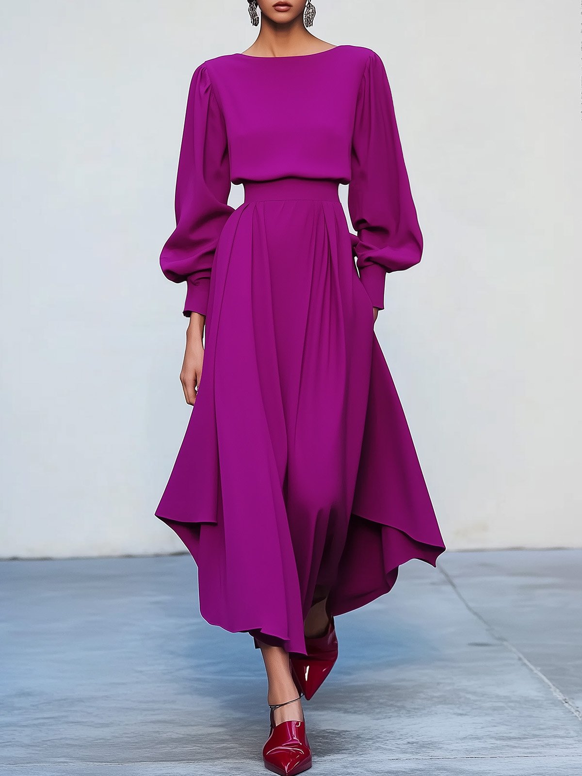 Pink Asymmetric Boat Neck Long Balloon Sleeve A-Line Midi Dress