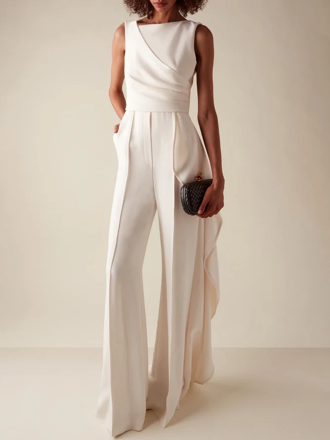 Women White Sleeveless Ruched Wide-Leg Jumpsuit