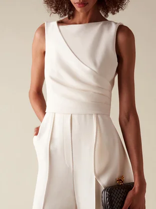 Women White Sleeveless Ruched Wide-Leg Jumpsuit