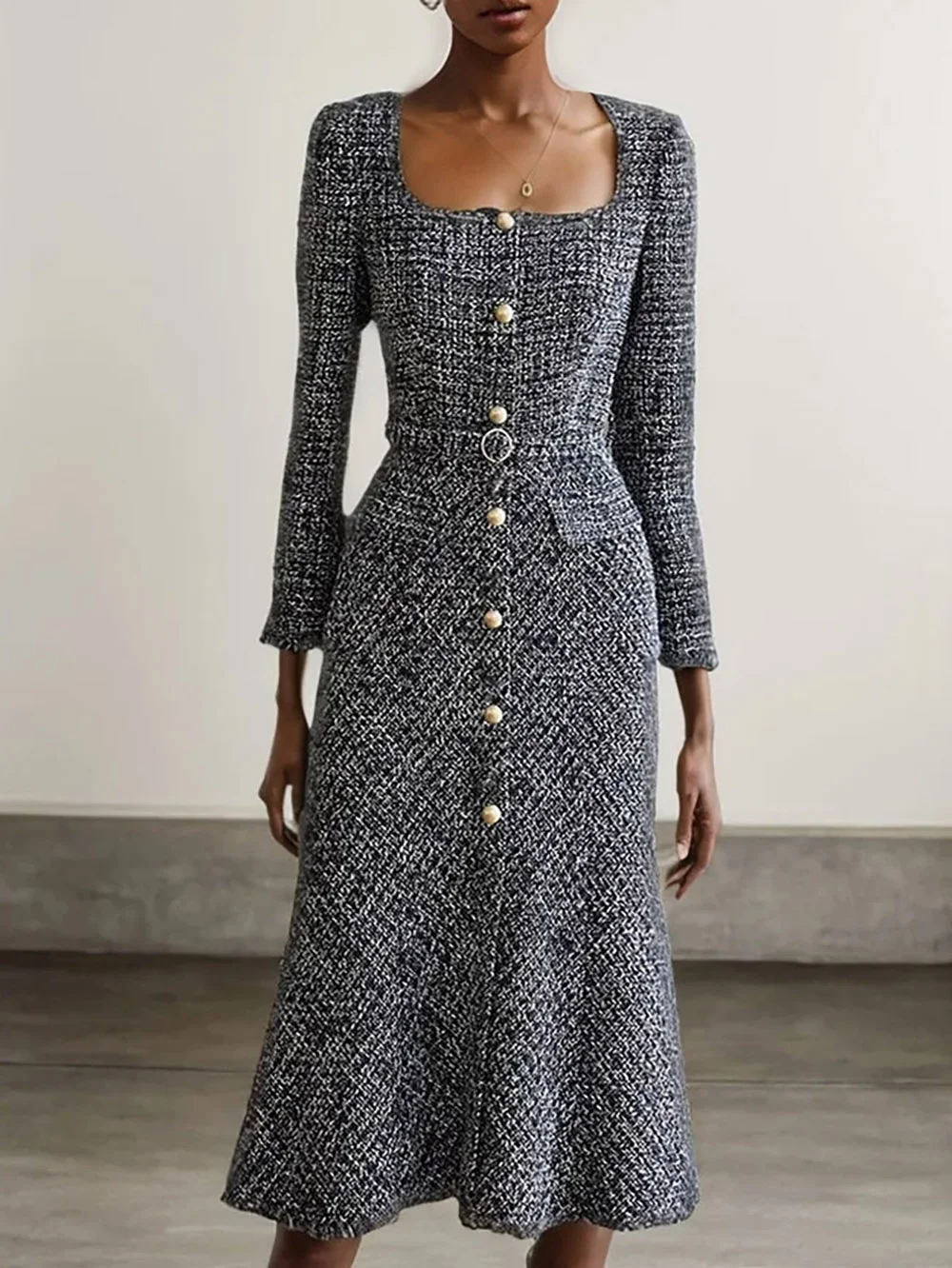 Black Buckle Square Neck Long Sleeve A-Line Midi Tweed Blazer Dress