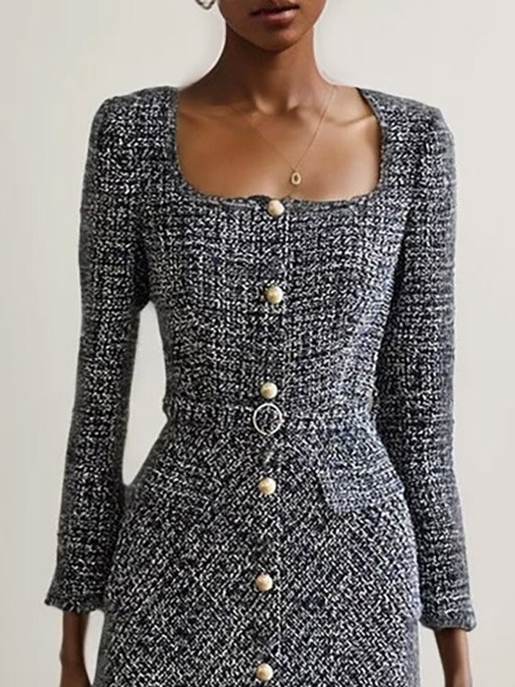Black Buckle Square Neck Long Sleeve A-Line Midi Tweed Blazer Dress