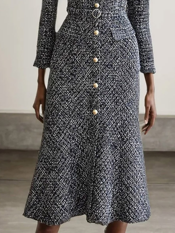 Black Buckle Square Neck Long Sleeve A-Line Midi Tweed Blazer Dress