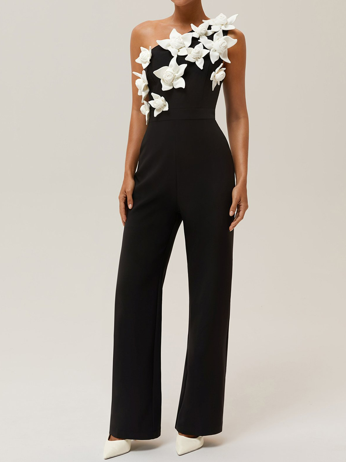 Women Black One Shoulder 3D Floral Wide-Leg Jumpsuit