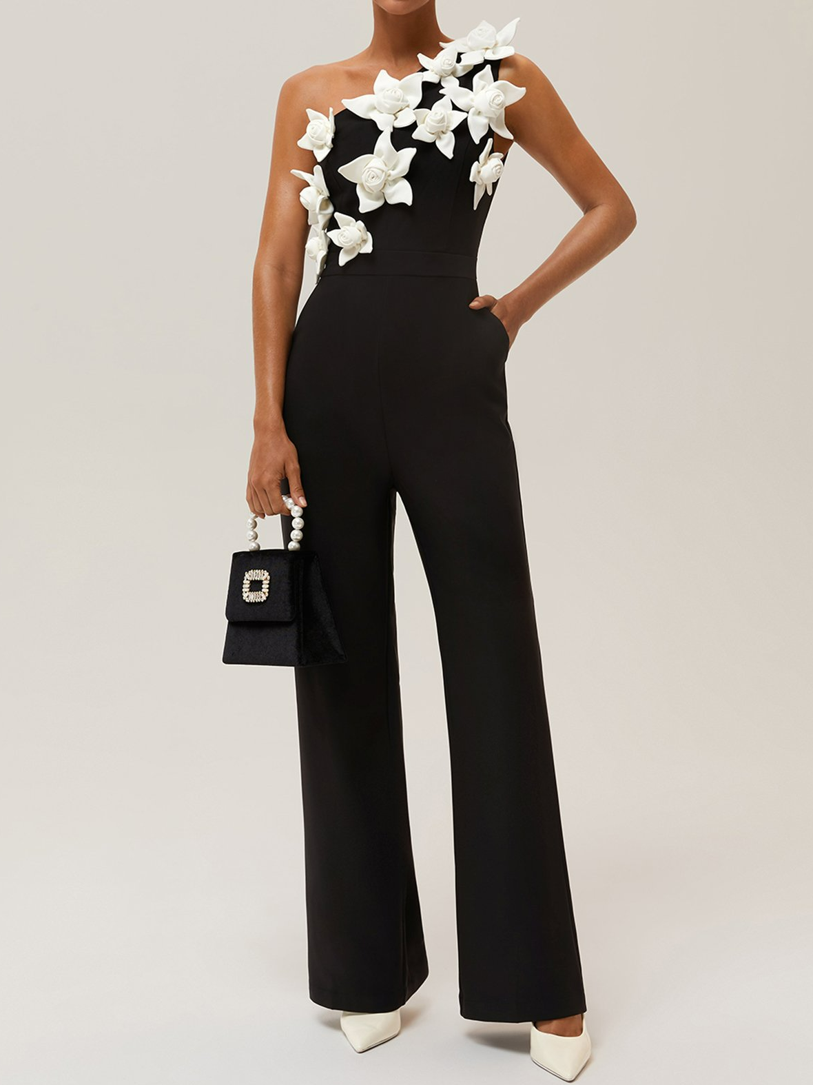 Women Black One Shoulder 3D Floral Wide-Leg Jumpsuit