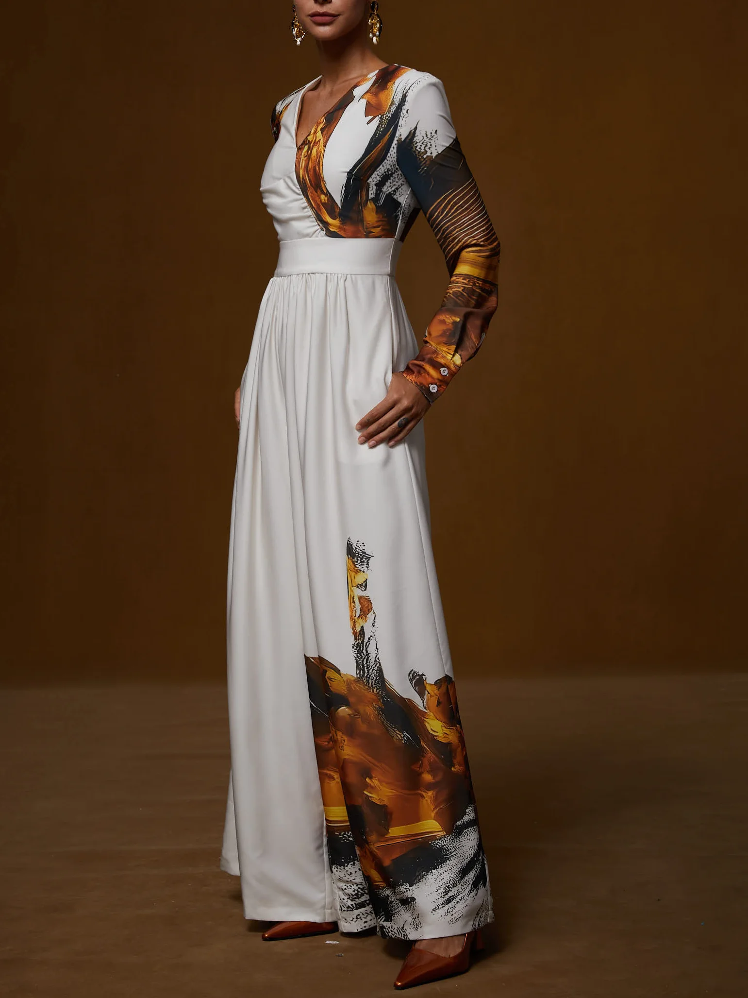 Women Light Khaki Floral V Neck Long Sleeve Wide-Leg Jumpsuit