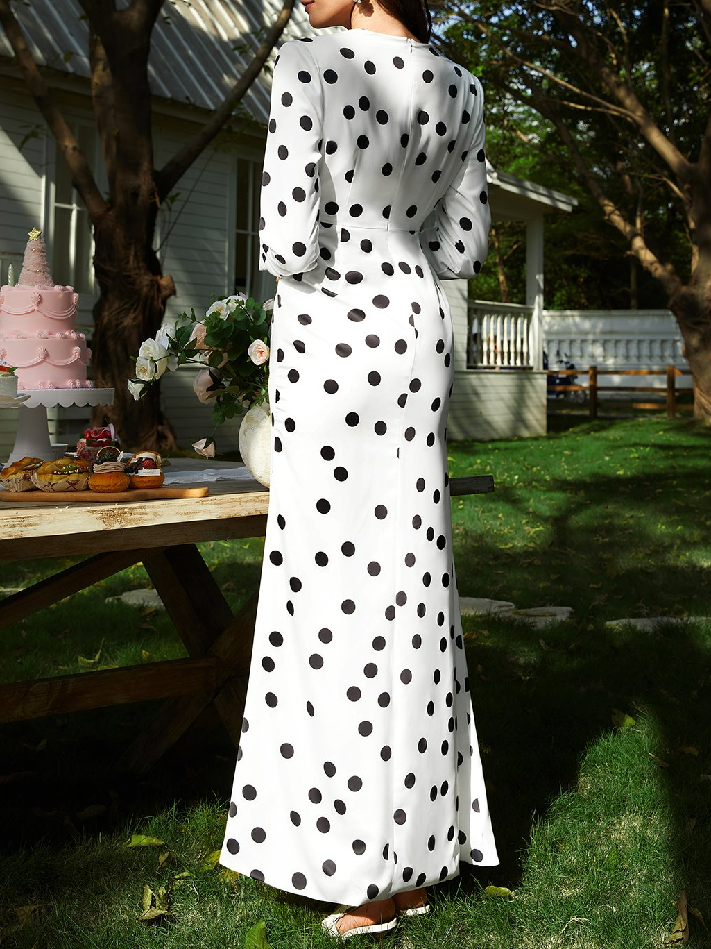 White Deep V Neck Long Sleeve A-Line Maxi Dress
