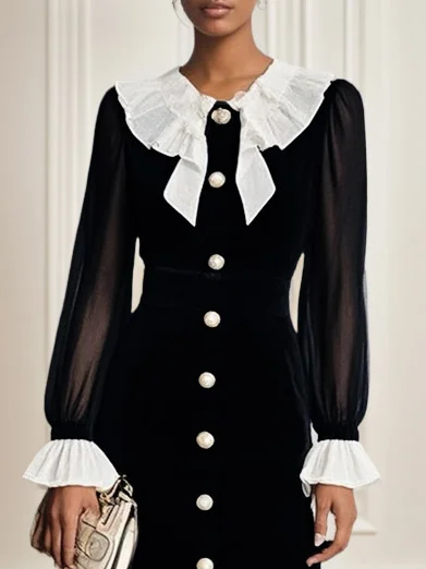 Black Split Joint Ruffled Mermaid Midi Velvet Dress