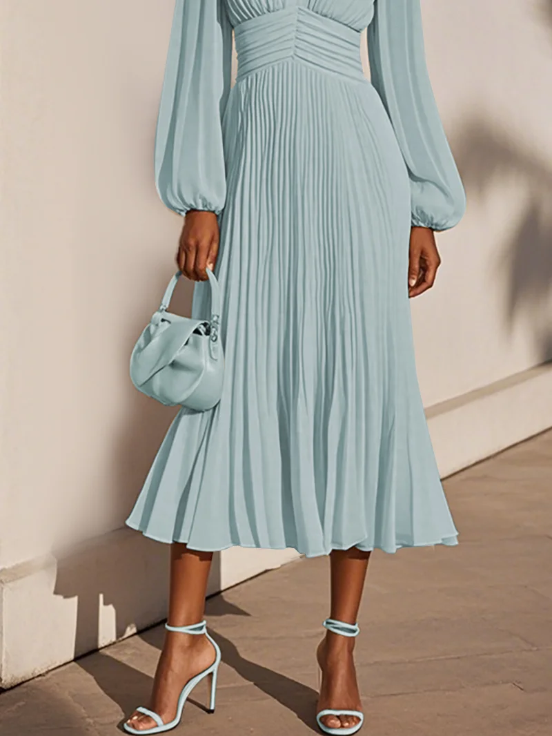 Light Blue Pleated Ruched Balloon Sleeve A-Line Midi Chiffon Dress