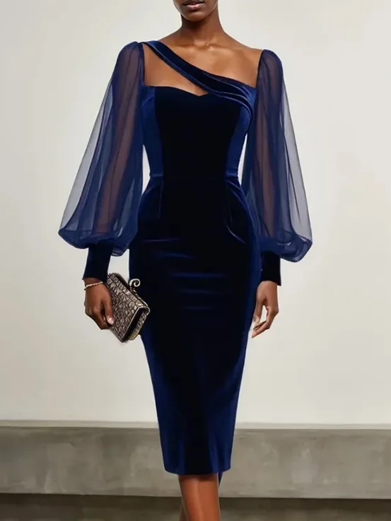 Purplish Blue Mesh Balloon Sleeve Sheath Midi Velvet Dress