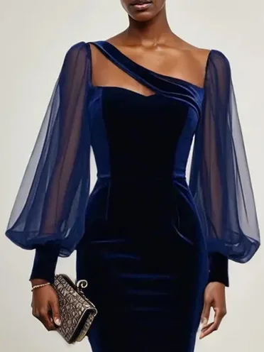 Purplish Blue Mesh Balloon Sleeve Sheath Midi Velvet Dress