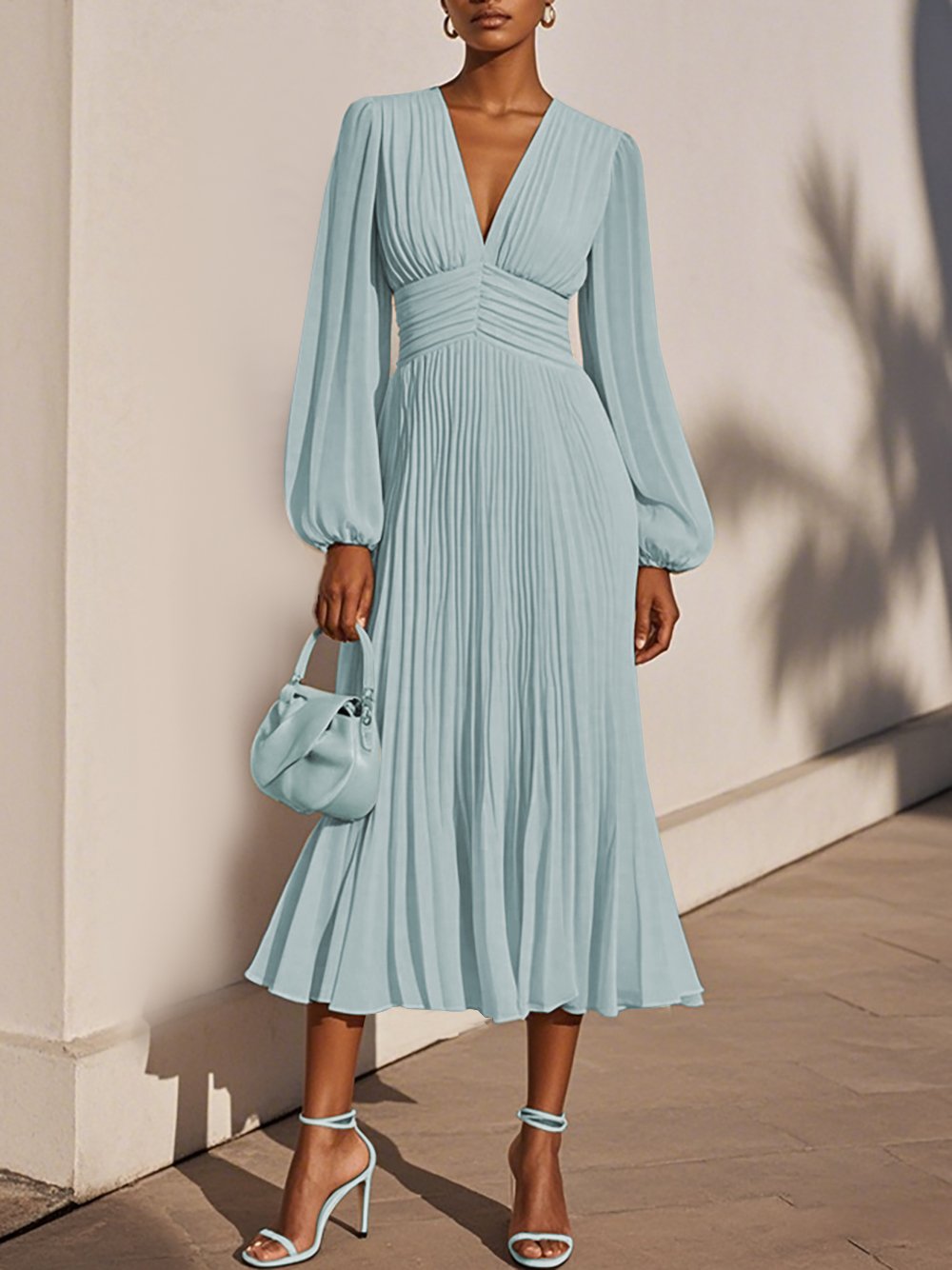 Light Blue Pleated Ruched Balloon Sleeve A-Line Midi Chiffon Dress