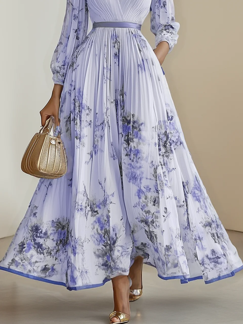 Lavender Purple Pleated Printing Chiffon V Neck Long Sleeve Balloon Sleeve A-Line Maxi Dress