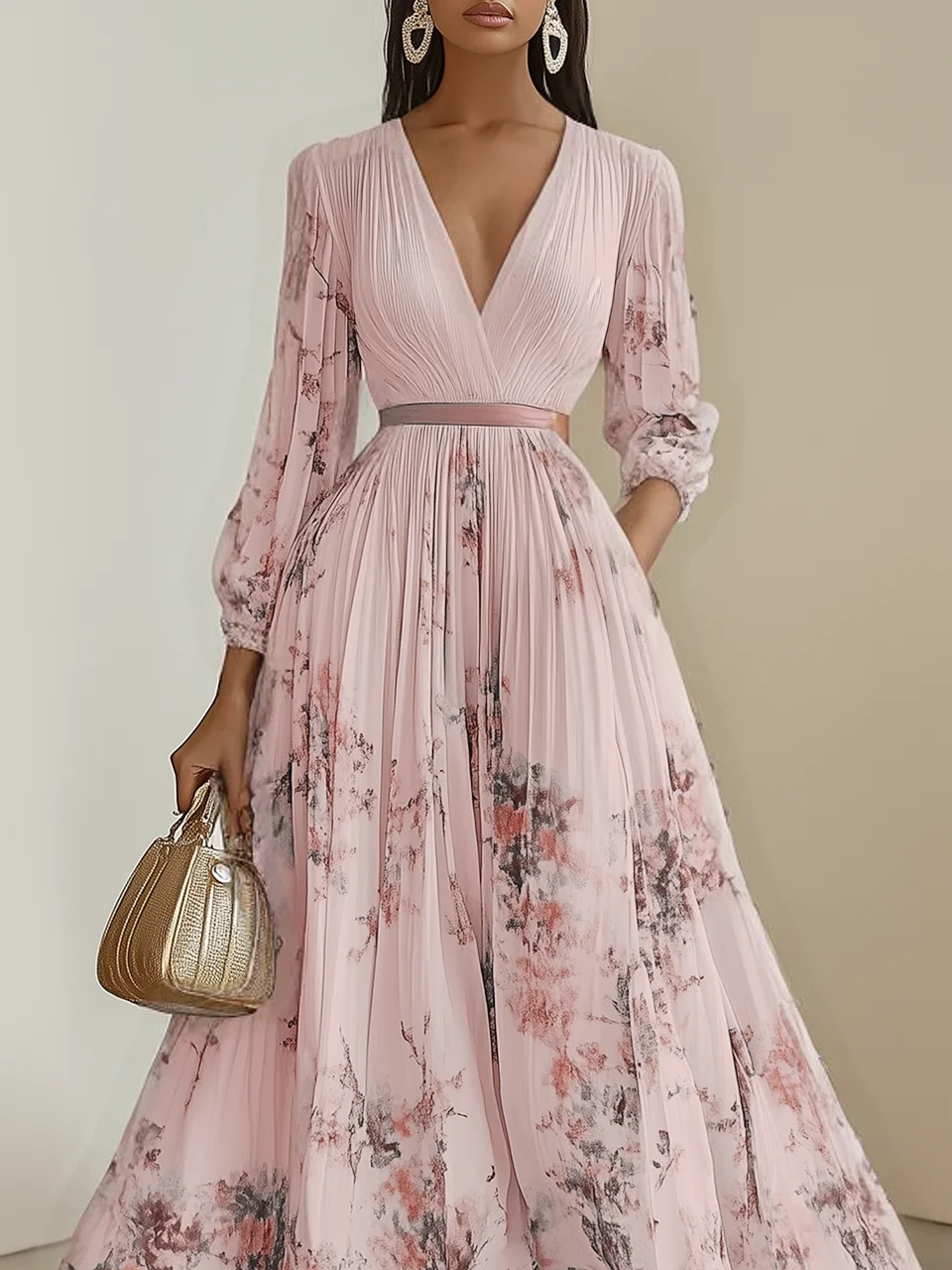 Pink Pleated Floral Chiffon V Neck Long Sleeve Balloon Sleeve A-Line Maxi Dress