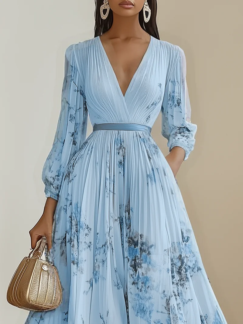 Light Blue Pleated Floral Chiffon V Neck Long Sleeve Balloon Sleeve A-Line Maxi Dress