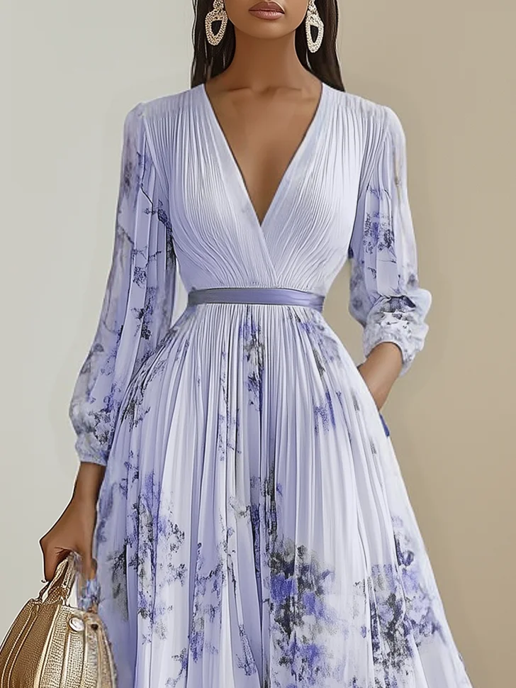 Lavender Purple Pleated Printing Chiffon V Neck Long Sleeve Balloon Sleeve A-Line Maxi Dress