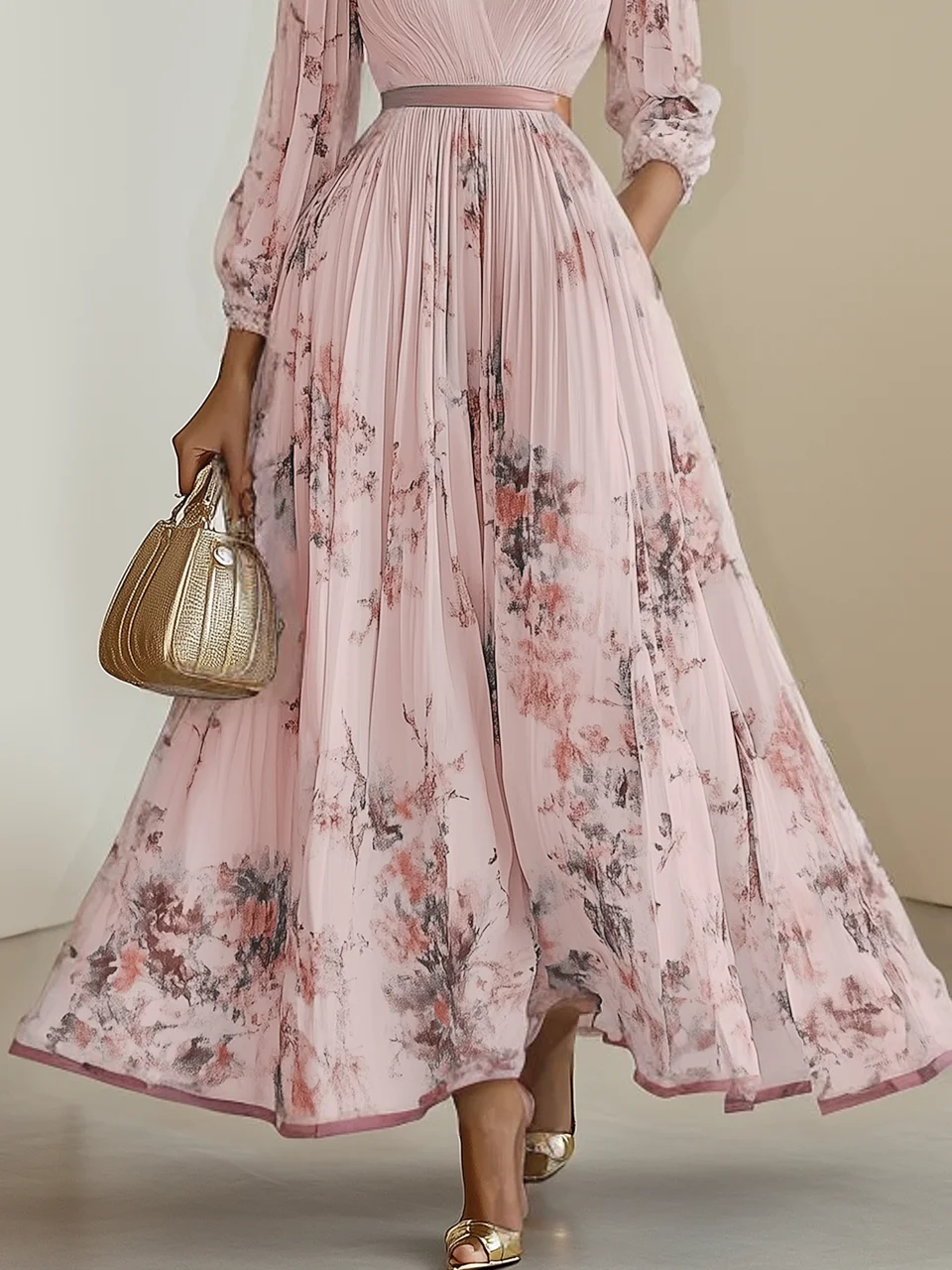 Pink Pleated Floral Chiffon V Neck Long Sleeve Balloon Sleeve A-Line Maxi Dress