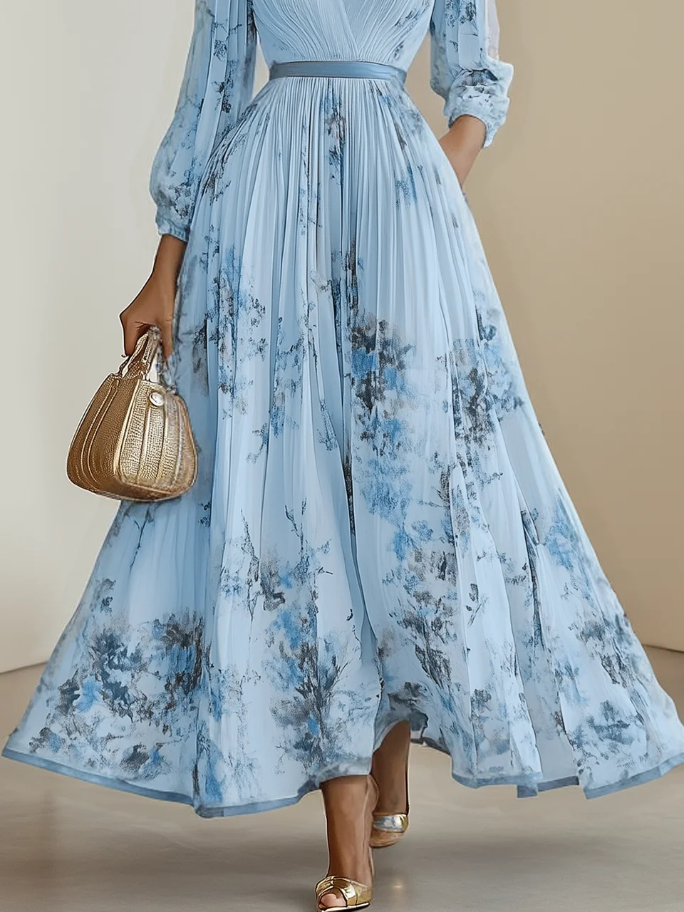 Light Blue Pleated Floral Chiffon V Neck Long Sleeve Balloon Sleeve A-Line Maxi Dress