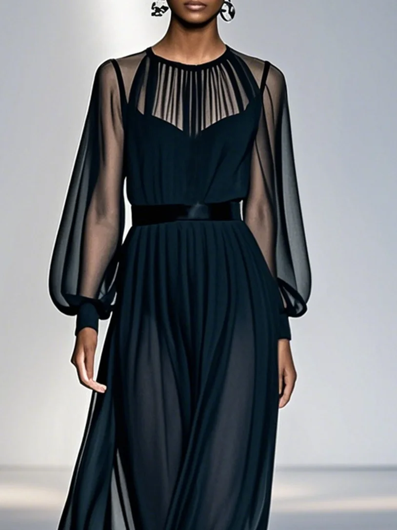 Black Mesh Ruched Chiffon Crew Neck Long  Balloon Sleeve A-Line Maxi Dress