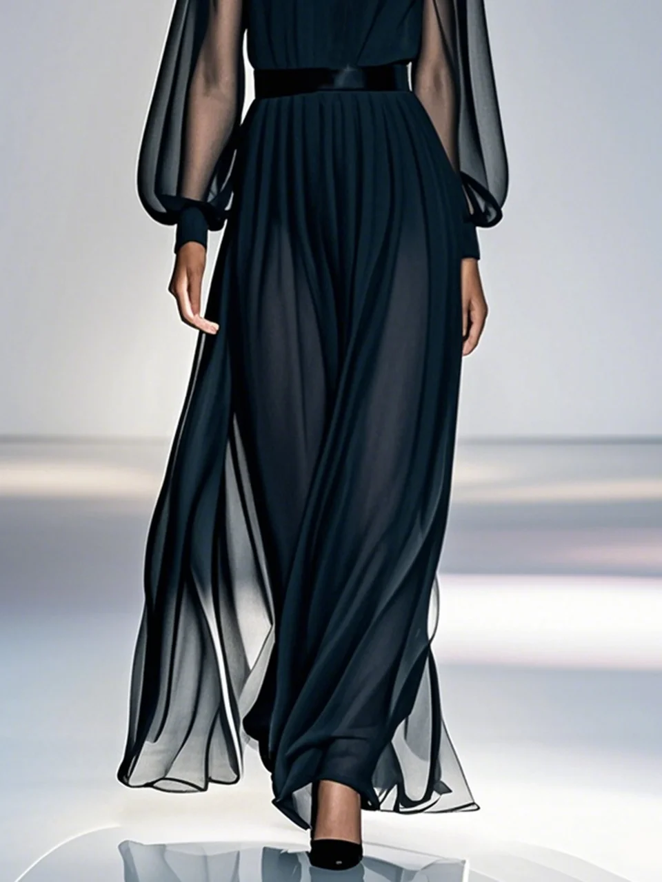 Black Mesh Ruched Chiffon Crew Neck Long  Balloon Sleeve A-Line Maxi Dress