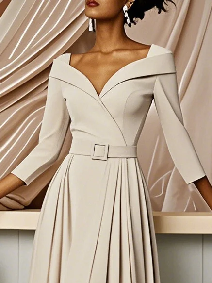 Off White Pleated Ruched Three Quarter Sleeve A-Line Maxi Dress