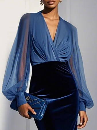 Purplish Blue Mesh Split Joint Balloon Sleeve Sheath Midi Velvet Dress