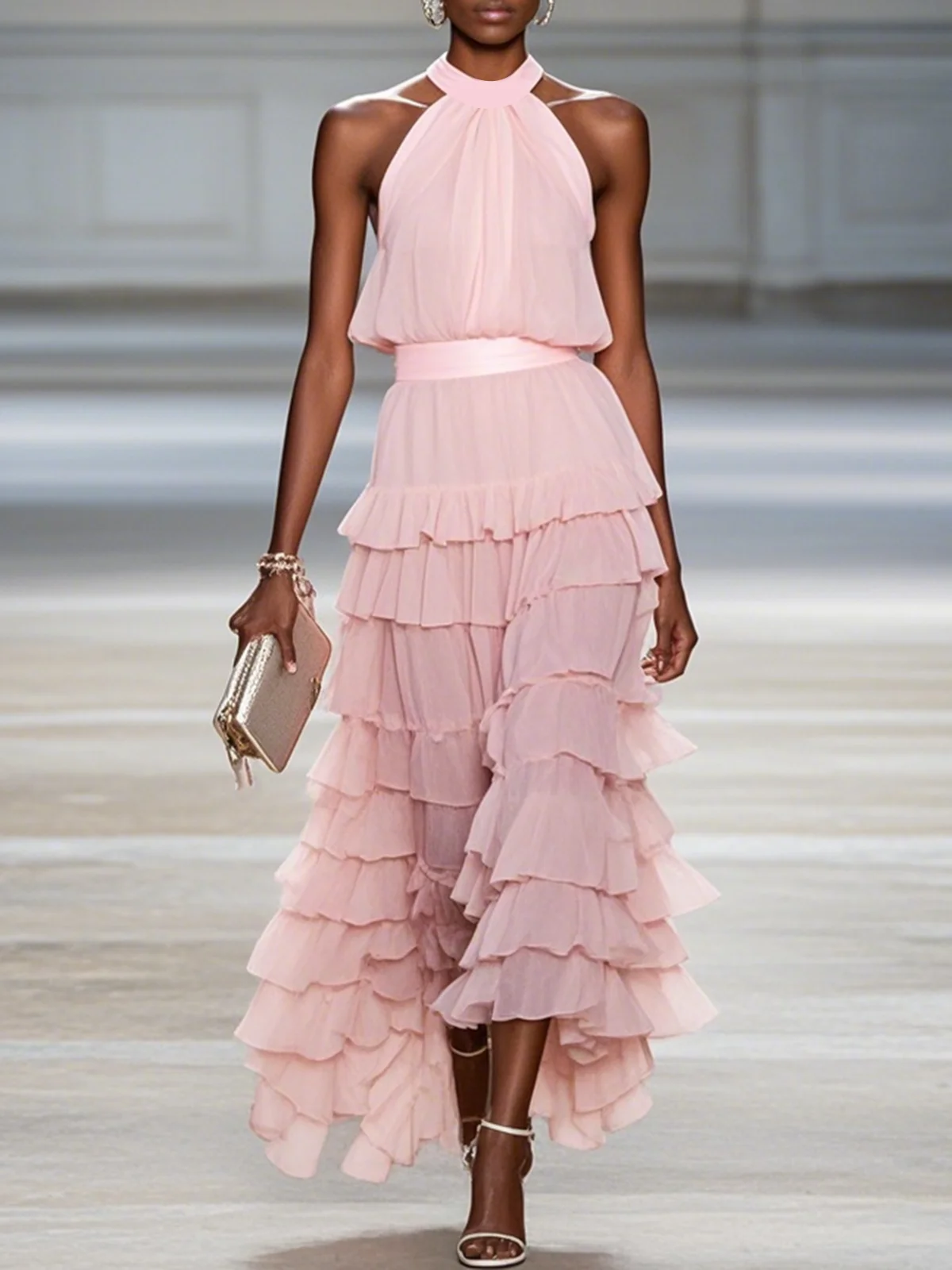 Pink Peplum Chiffon Halter Sleeveless A-Line Maxi Two-piece Dress