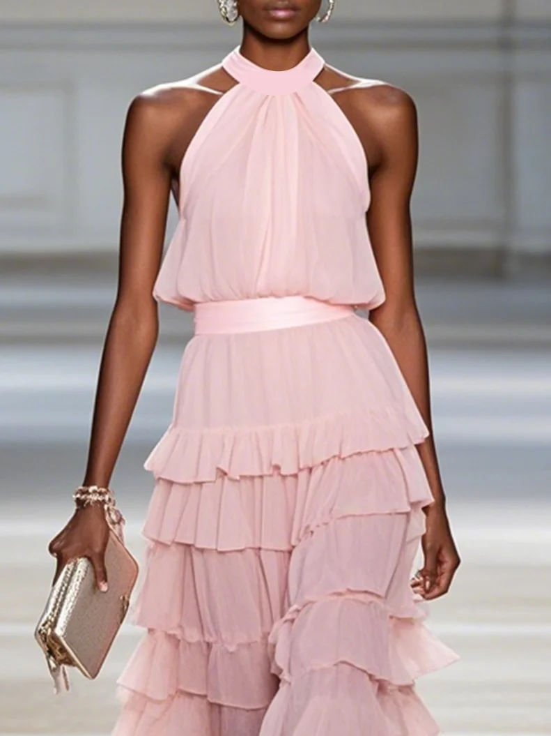 Pink Peplum Chiffon Halter Sleeveless A-Line Maxi Two-piece Dress