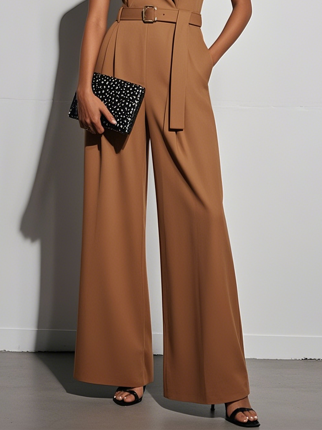 Yellow Brown Shawl Collar Sleeveless Wide-Leg Jumpsuit With Belt