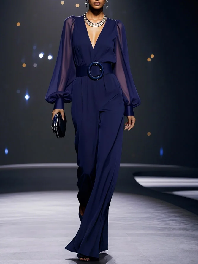 Dark Blue Mesh V Neck Balloon Sleeve Chiffon Wide-Leg Jumpsuit