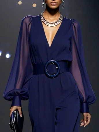 Dark Blue Mesh V Neck Balloon Sleeve Chiffon Wide-Leg Jumpsuit