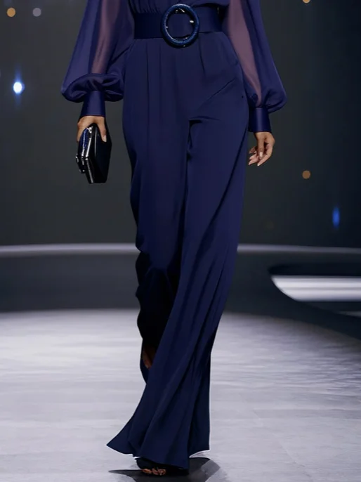Dark Blue Mesh V Neck Balloon Sleeve Chiffon Wide-Leg Jumpsuit