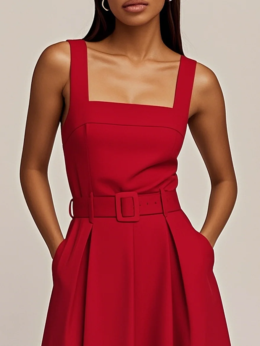 Red Square Neck Sleeveless A-Line Midi Dress