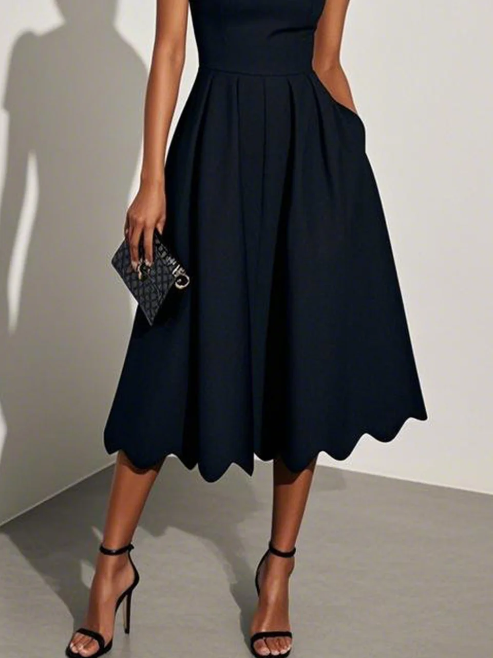 Black Irregular Craftsmanship Classic Square Neck Short Sleeve A-Line Midi Dress