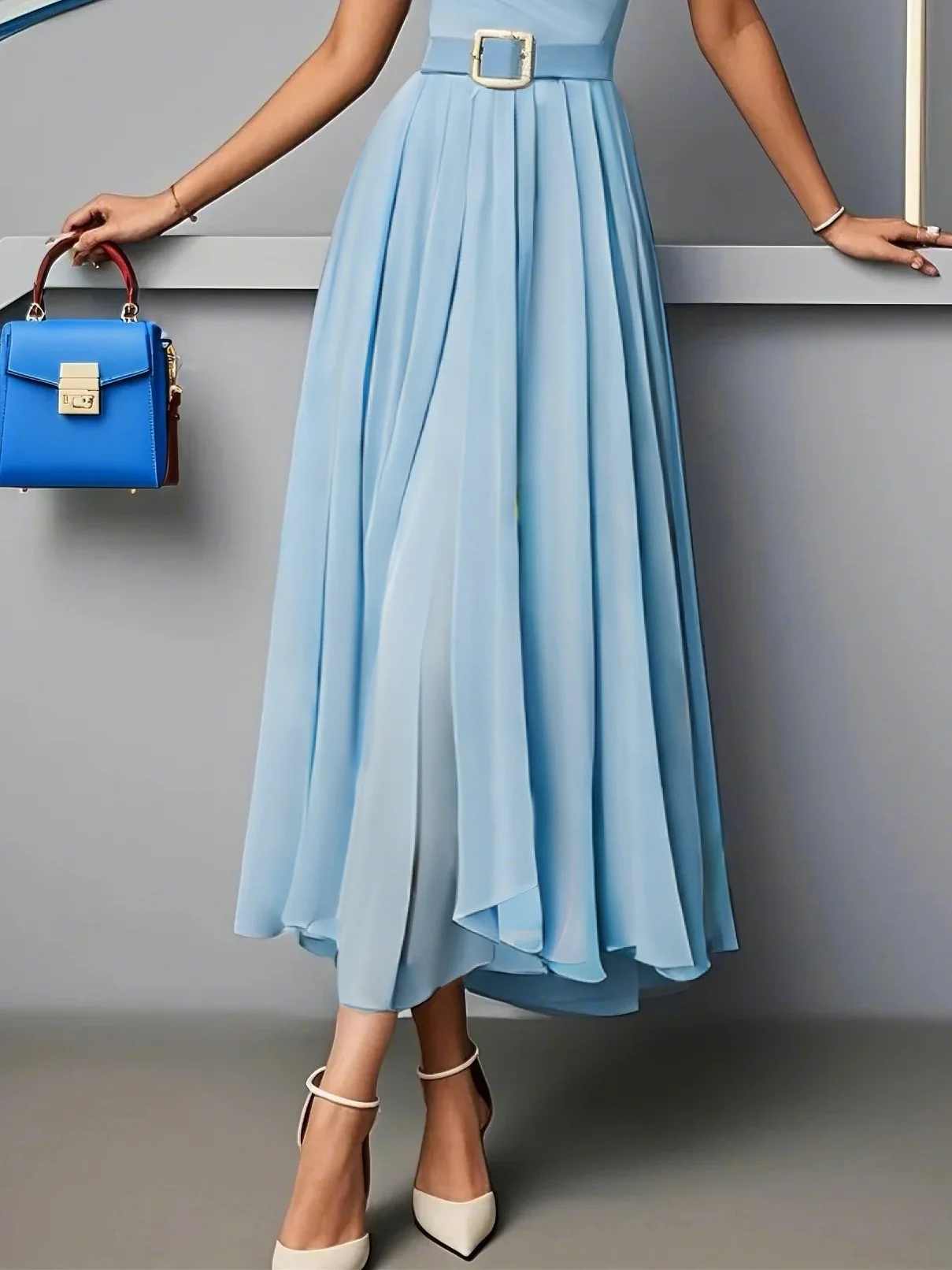 Light Blue Pleated Ruched Sweetheart Neckline A-Line Maxi Chiffon Dress