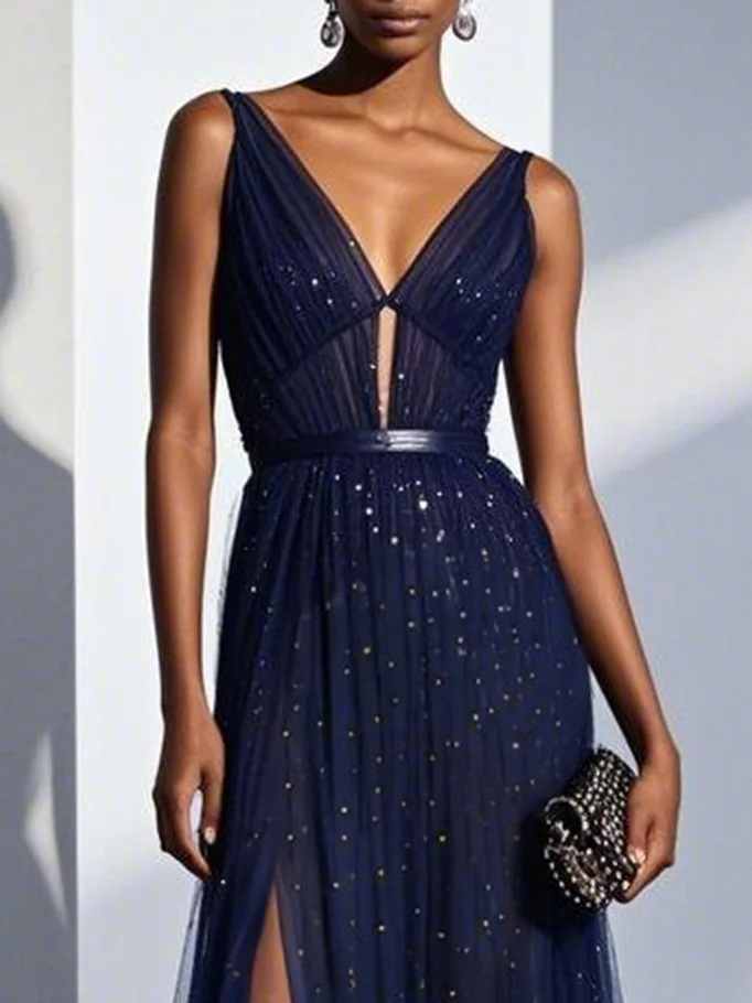 Purplish Blue Mesh Classic V Neck Sleeveless Sheath Maxi Dress
