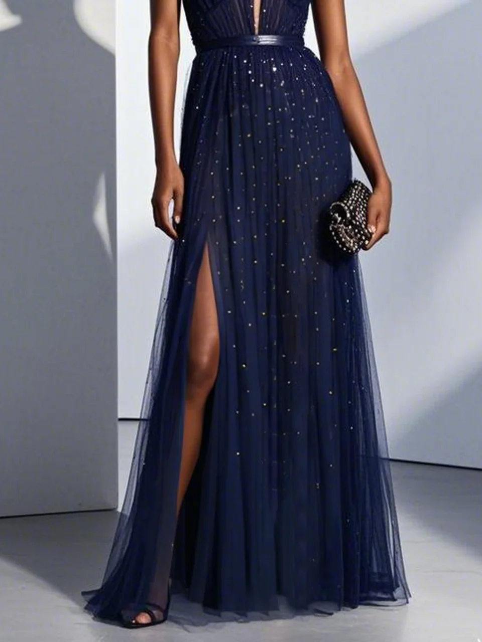 Purplish Blue Mesh Classic V Neck Sleeveless Sheath Maxi Dress