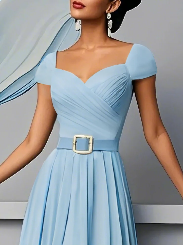 Light Blue Pleated Ruched Sweetheart Neckline A-Line Maxi Chiffon Dress